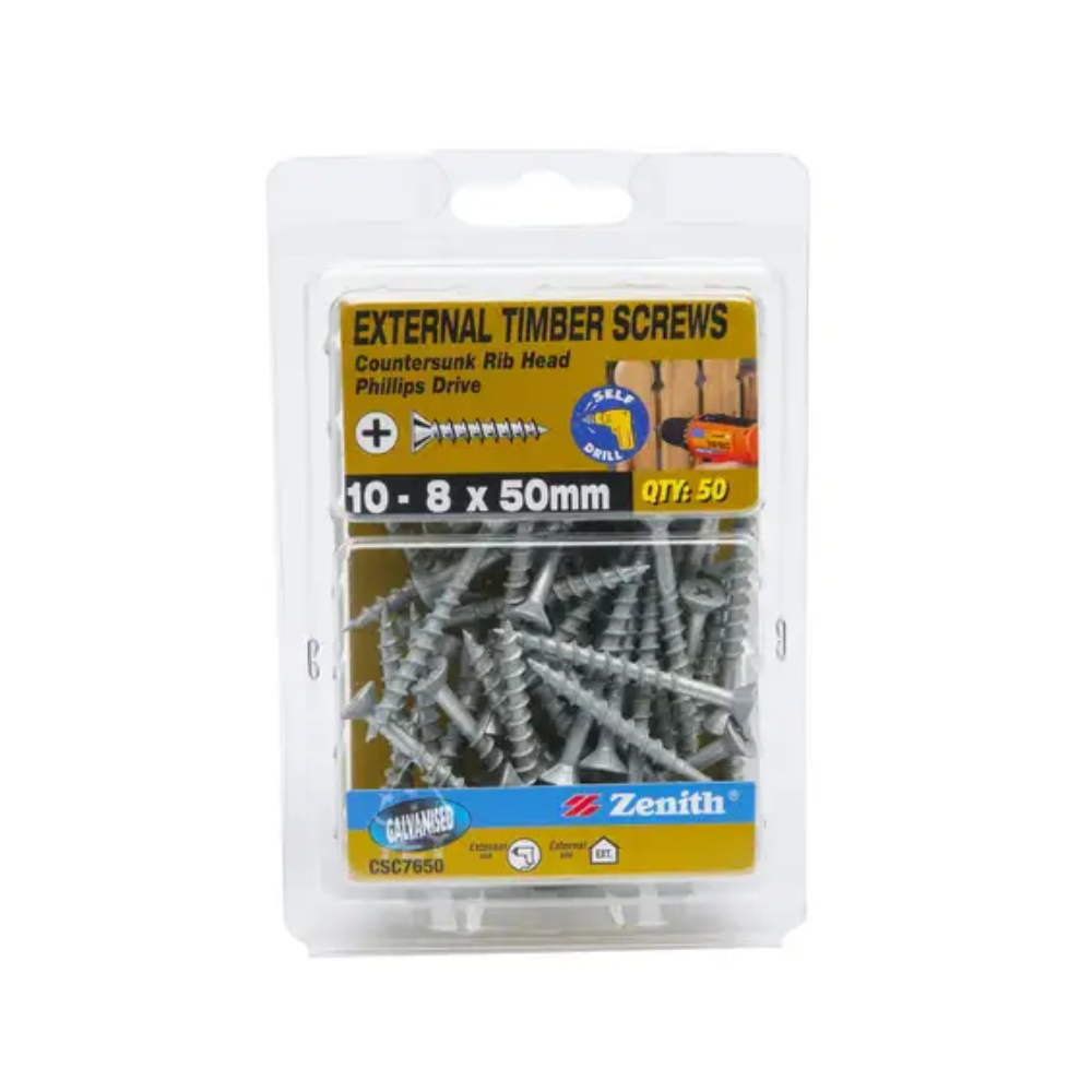 Zenith Timber Screw Galvanised 10-8 x 50mm 50 Pk