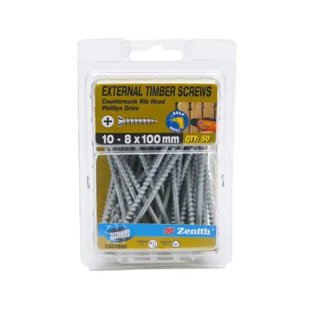 Zenith Galvanised External Timber Screws 10G x 100mm 50pk