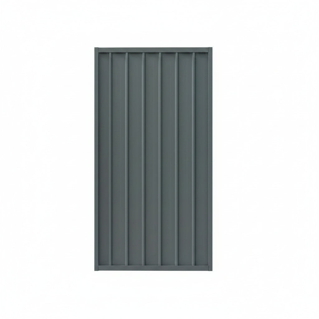 A rectangular gray panel with vertical slatted or paneled detailing, shown against a plain white background.