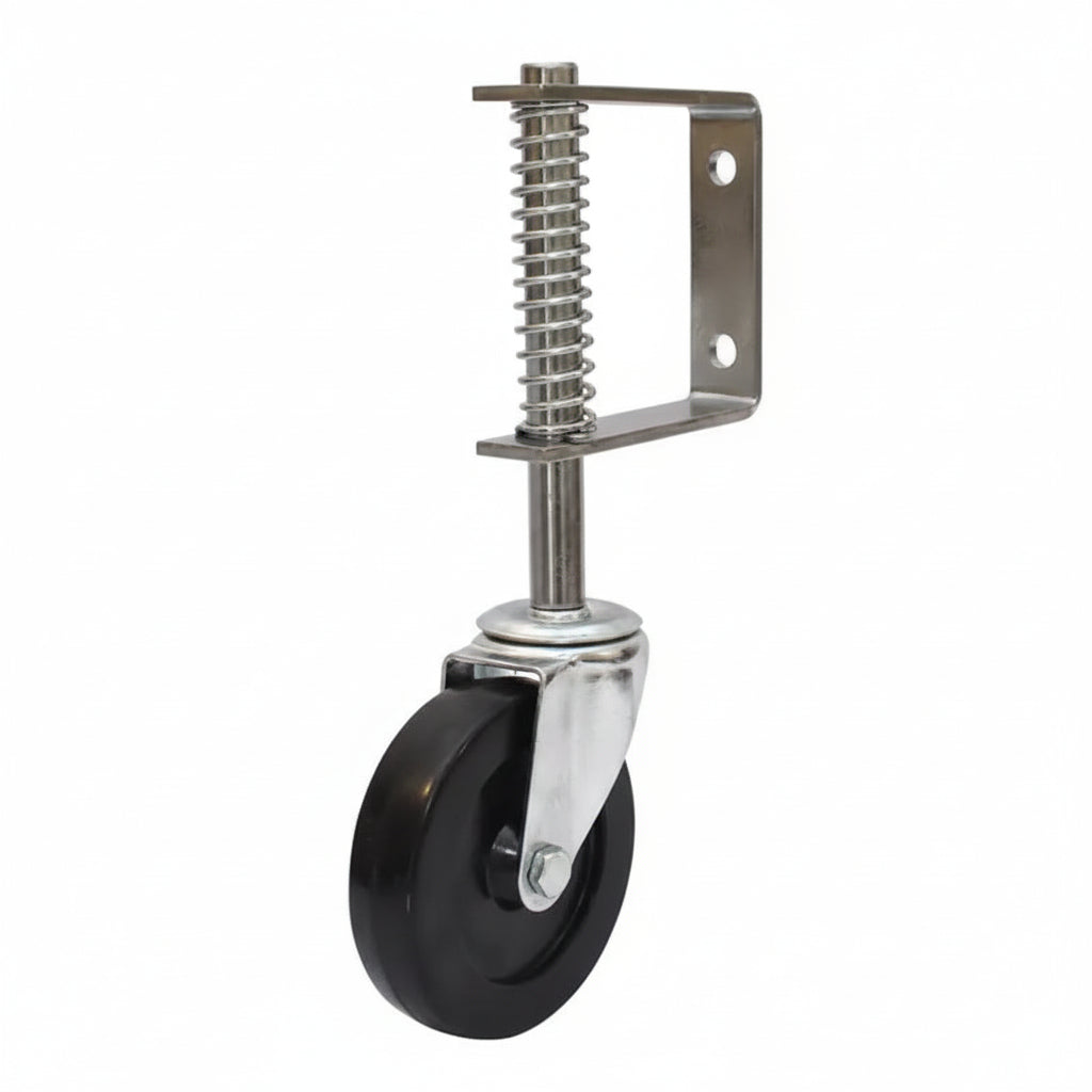 Caster wheel with spring-loaded brake on a white background