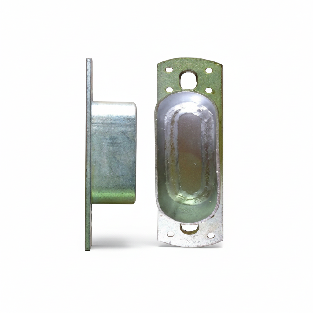 Metal door handle and lock mechanism on a white background