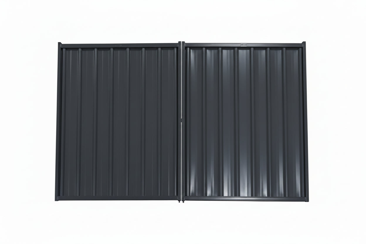 Gray metal double gate with vertical corrugated panels and included side posts, shown on a plain white background.