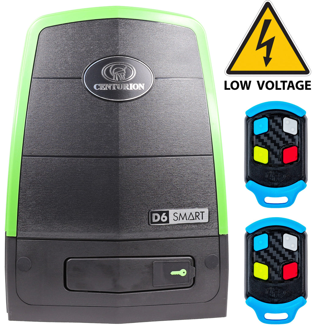 Centurion D6 Smart gate opener with two remote controls and a low voltage warning sign.