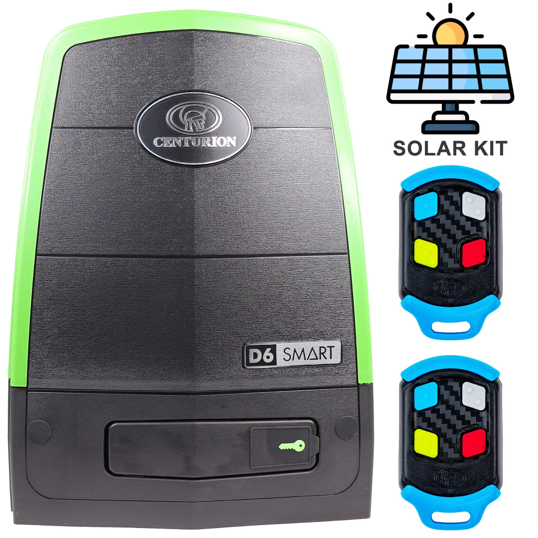 Centurion D6 Smart garage door opener with solar kit and remote controls on a white background