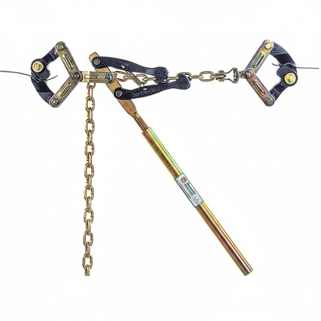 Metallic latching tool with chain on a white background