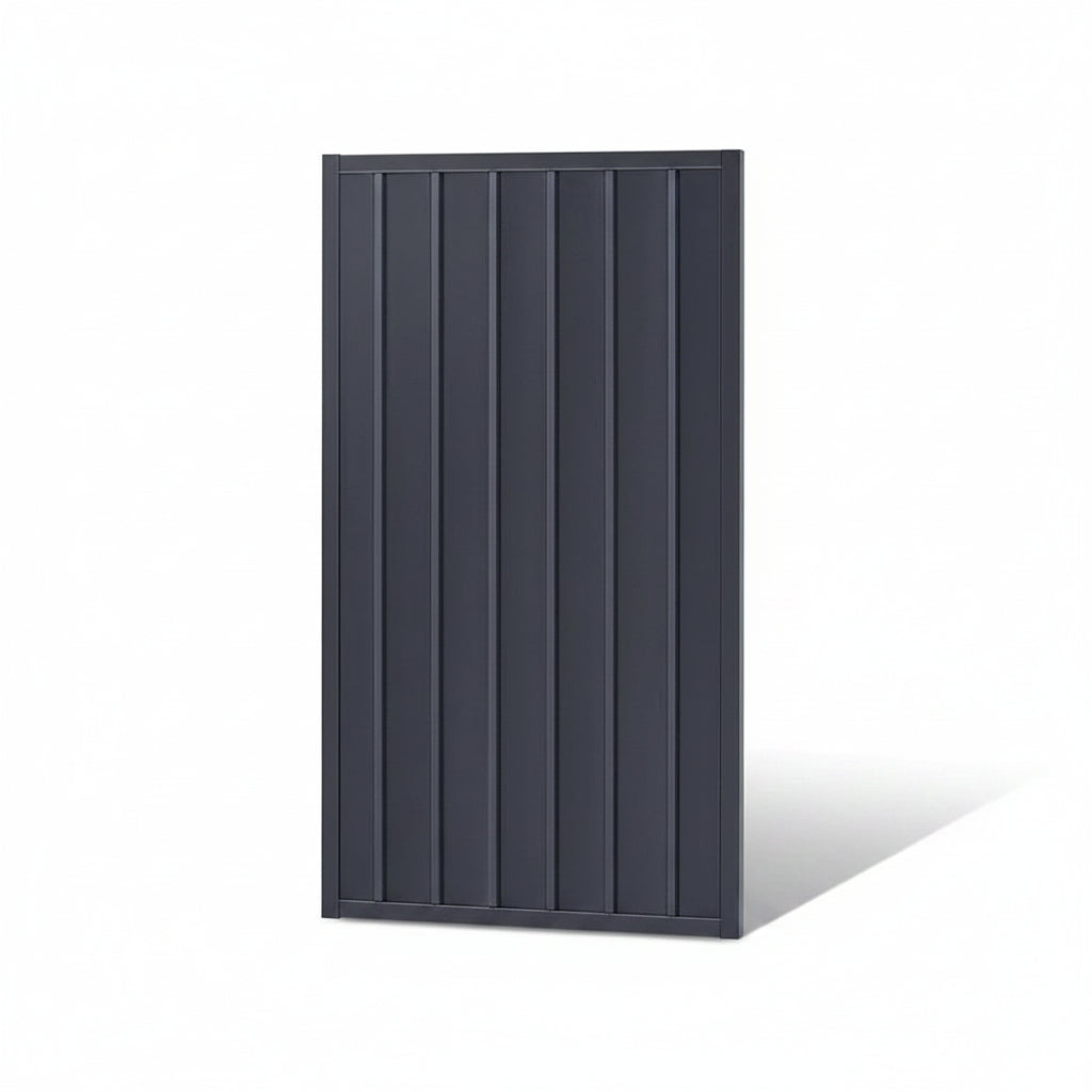 A rectangular dark gray vertical slat panel, likely for a fence or gate, shown against a plain white background.