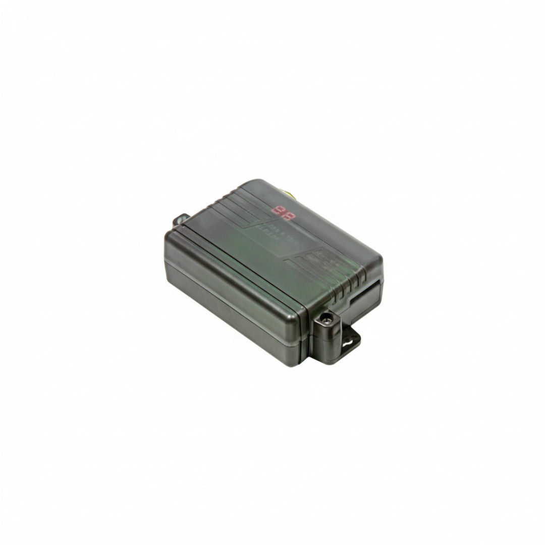 Gray electronic device with a digital display on a white background