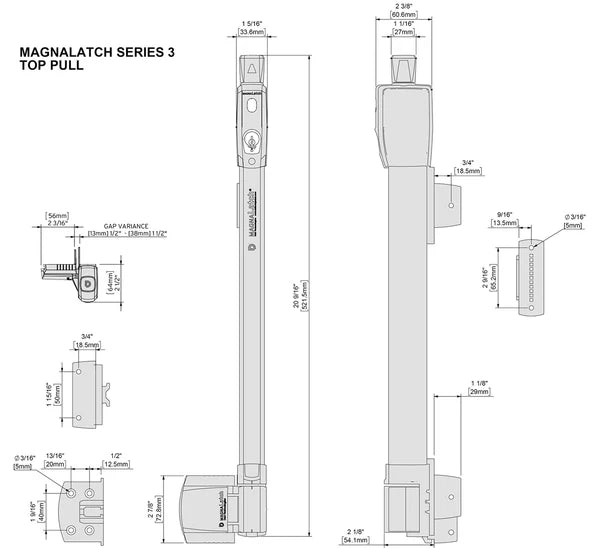 Technical drawing of a MagnaLatch Series 3 top pull door hardware system with dimensions.