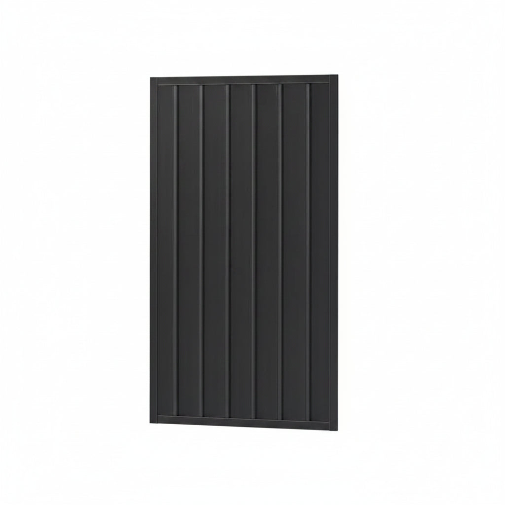 A rectangular black vinyl fence panel with vertical slats, shown on a plain white background.