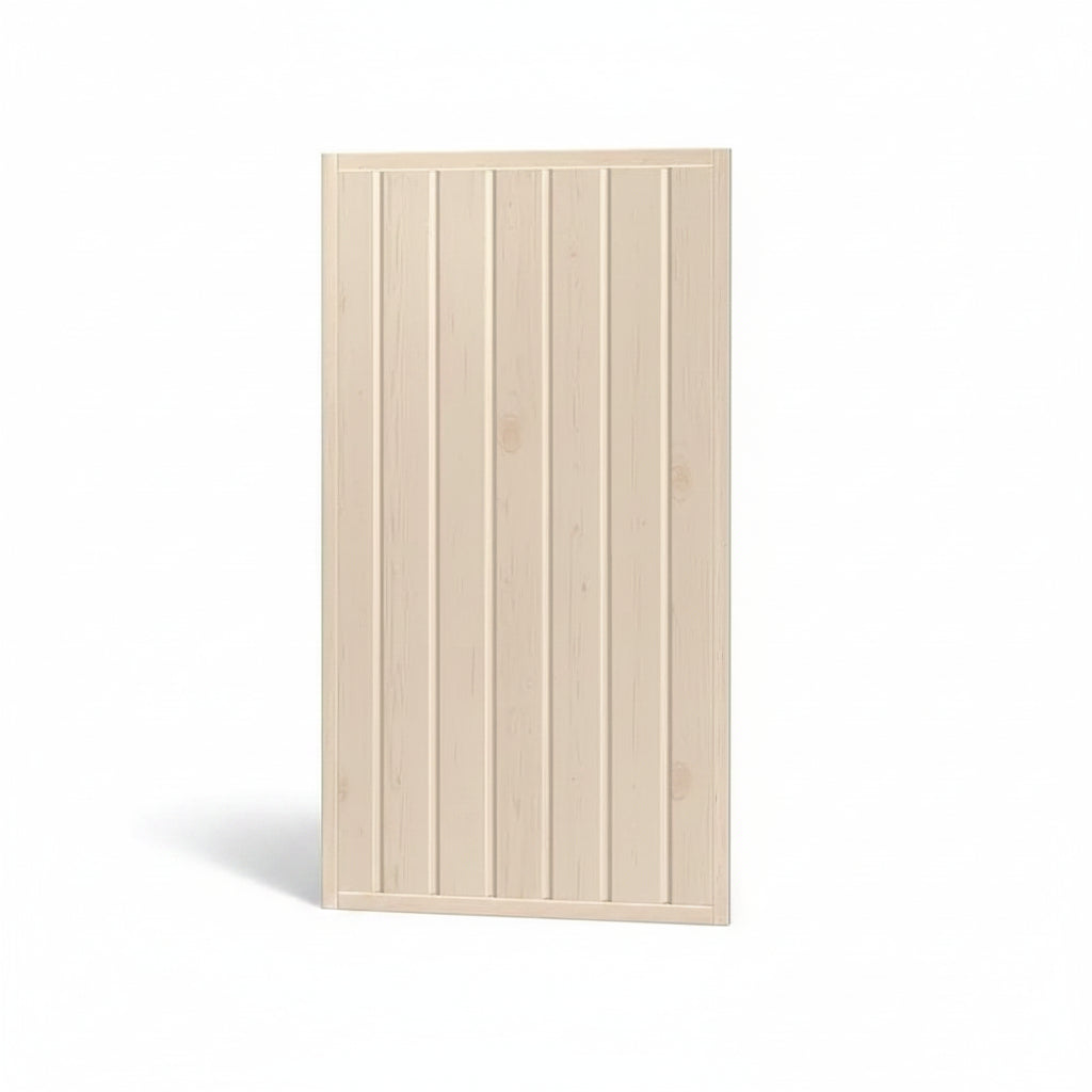 A rectangular light beige wood panel with vertical grooved slats, shown against a plain white background.
