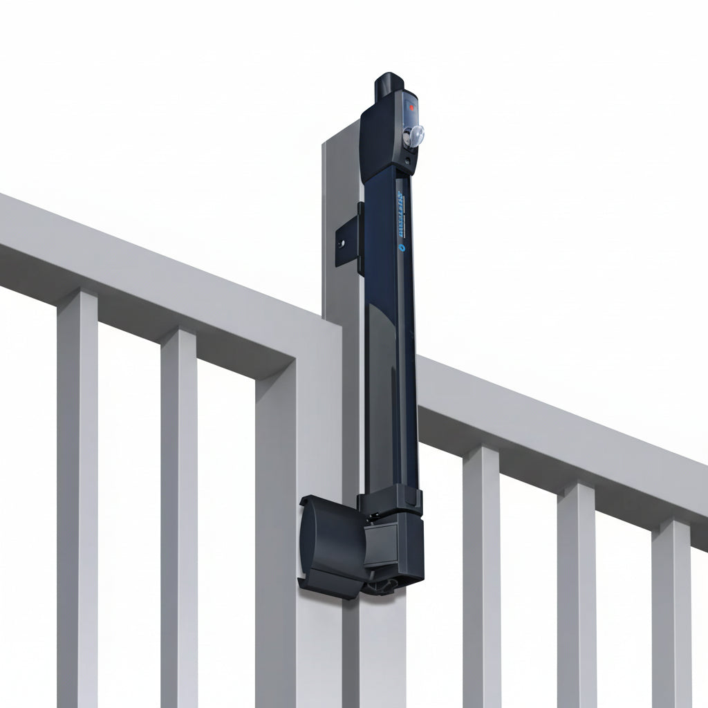 Black security gate latch on a metal gate with a white background