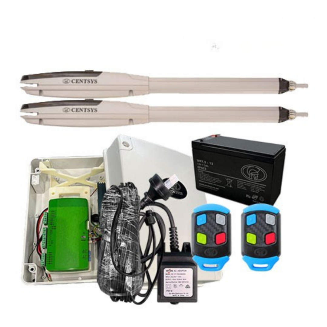 Electrical components including a battery, control panel, and remote controls on a white background