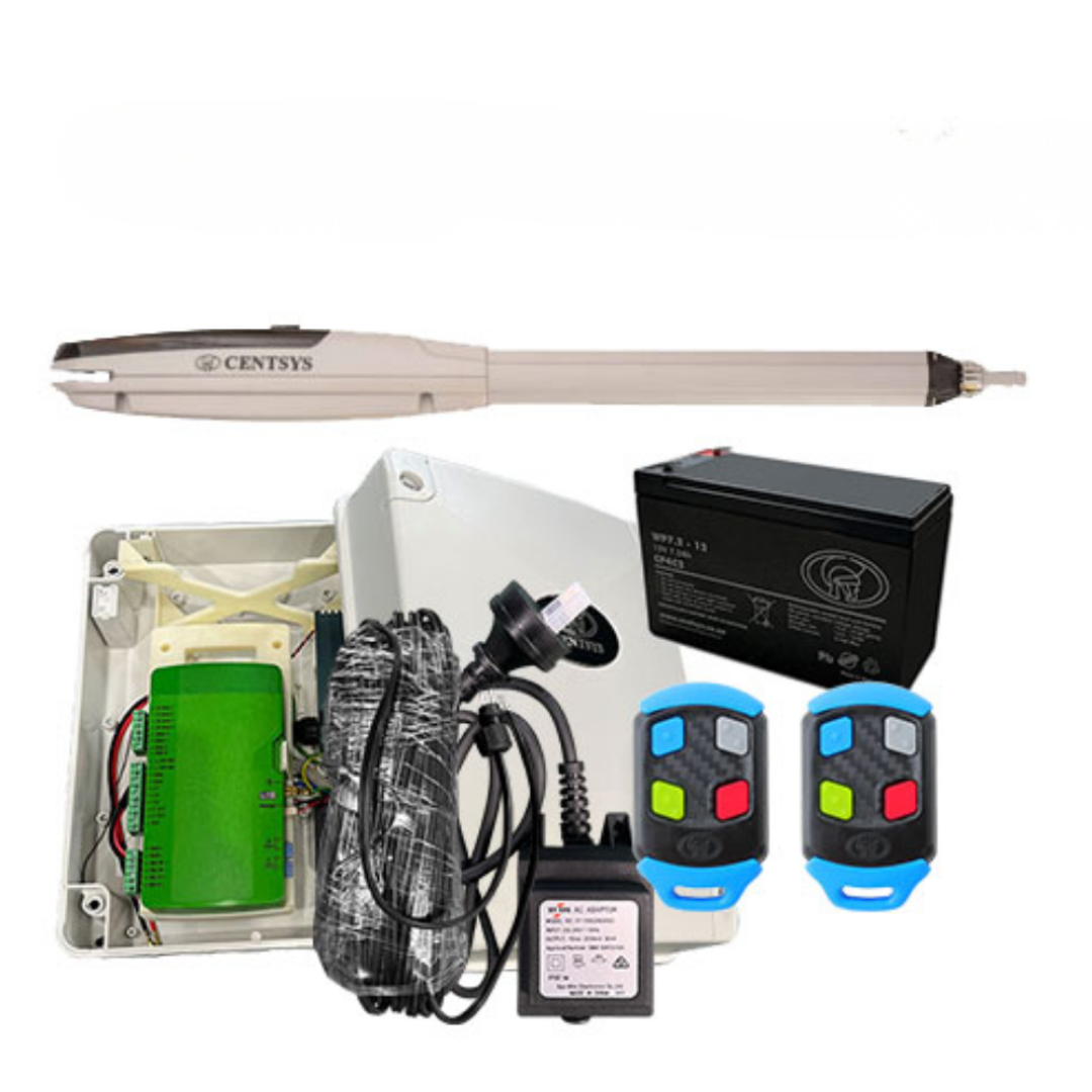 Electrical components including a battery, control panel, and remote controls on a white background.