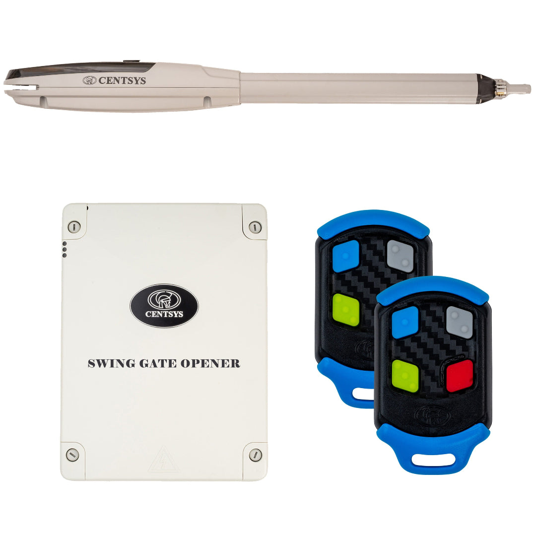 Centsys swing gate opener with two remote controls on a white background