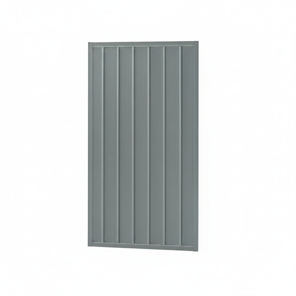 A rectangular gray vinyl fence panel with vertical slats, shown against a plain white background.