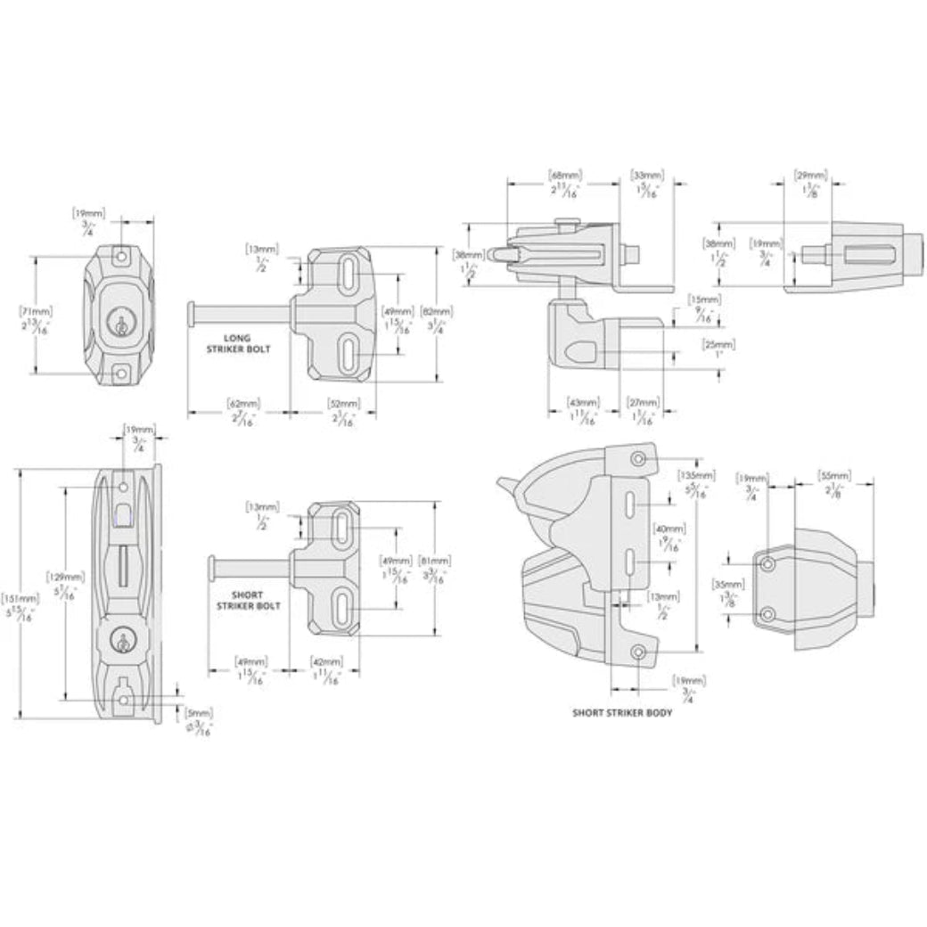 Technical drawing of a door lock mechanism with dimensions