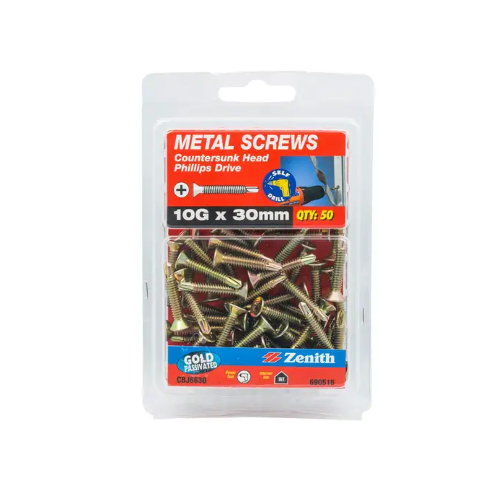 Zenith Metal Screws Countersunk Head Phillips Drive 10G x 30mm - 50 Pk