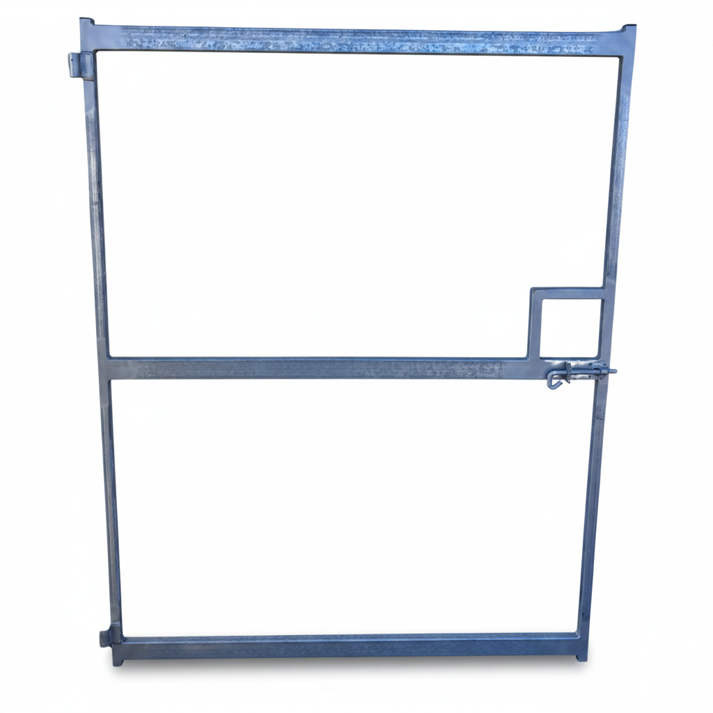 A blue-gray metal gate frame with a latch mechanism on the right side, isolated on a white background.
