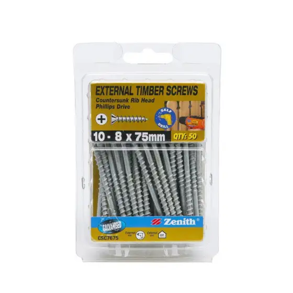 Zenith Timber Screw Galvanised 10-8 x 75mm 50 Pk