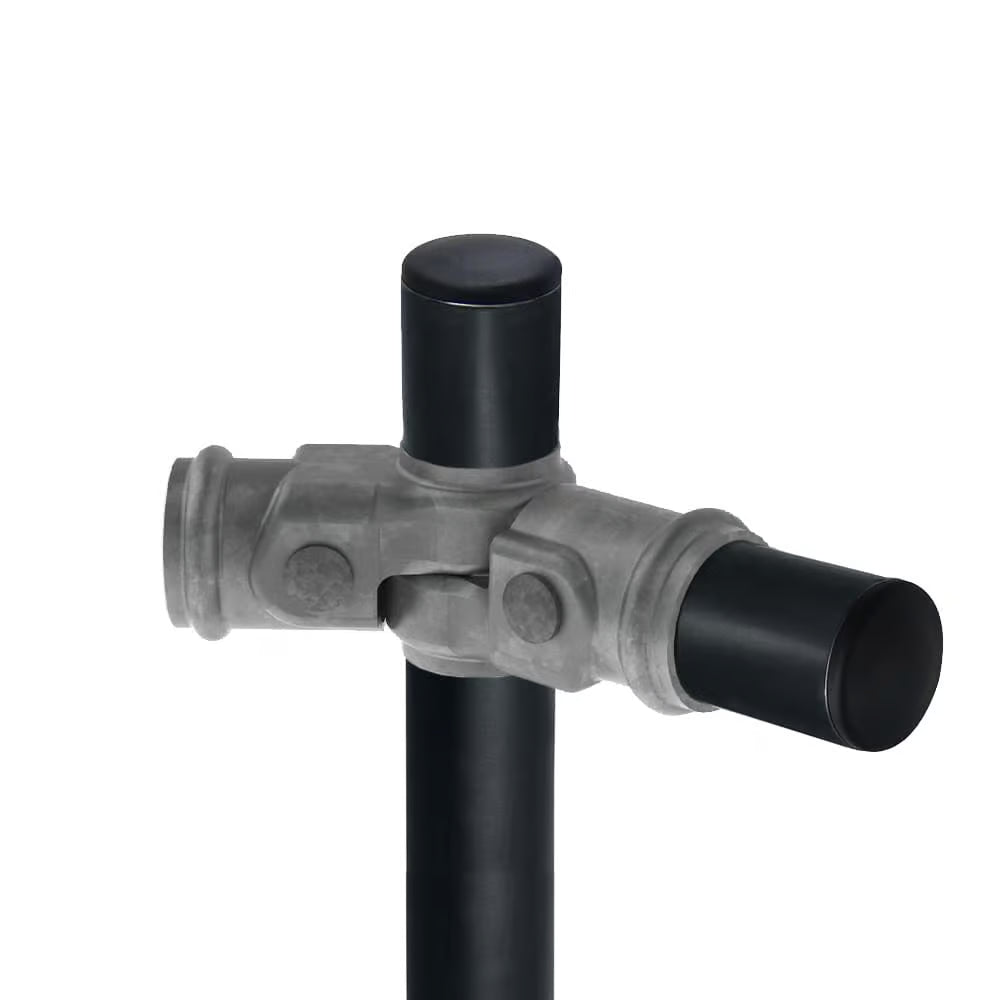 Plumbing fitting with black and gray components on a white background