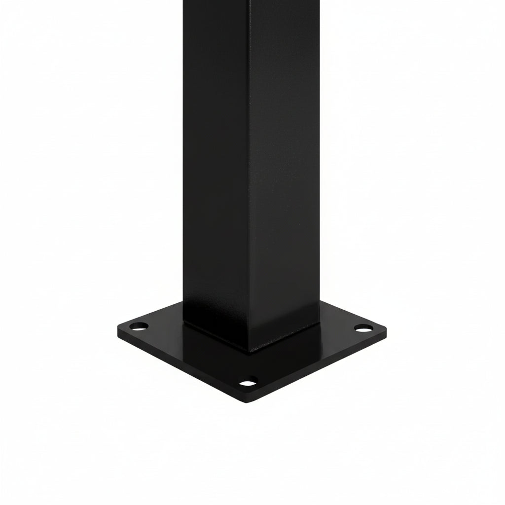 Black metal post with square base on a white background