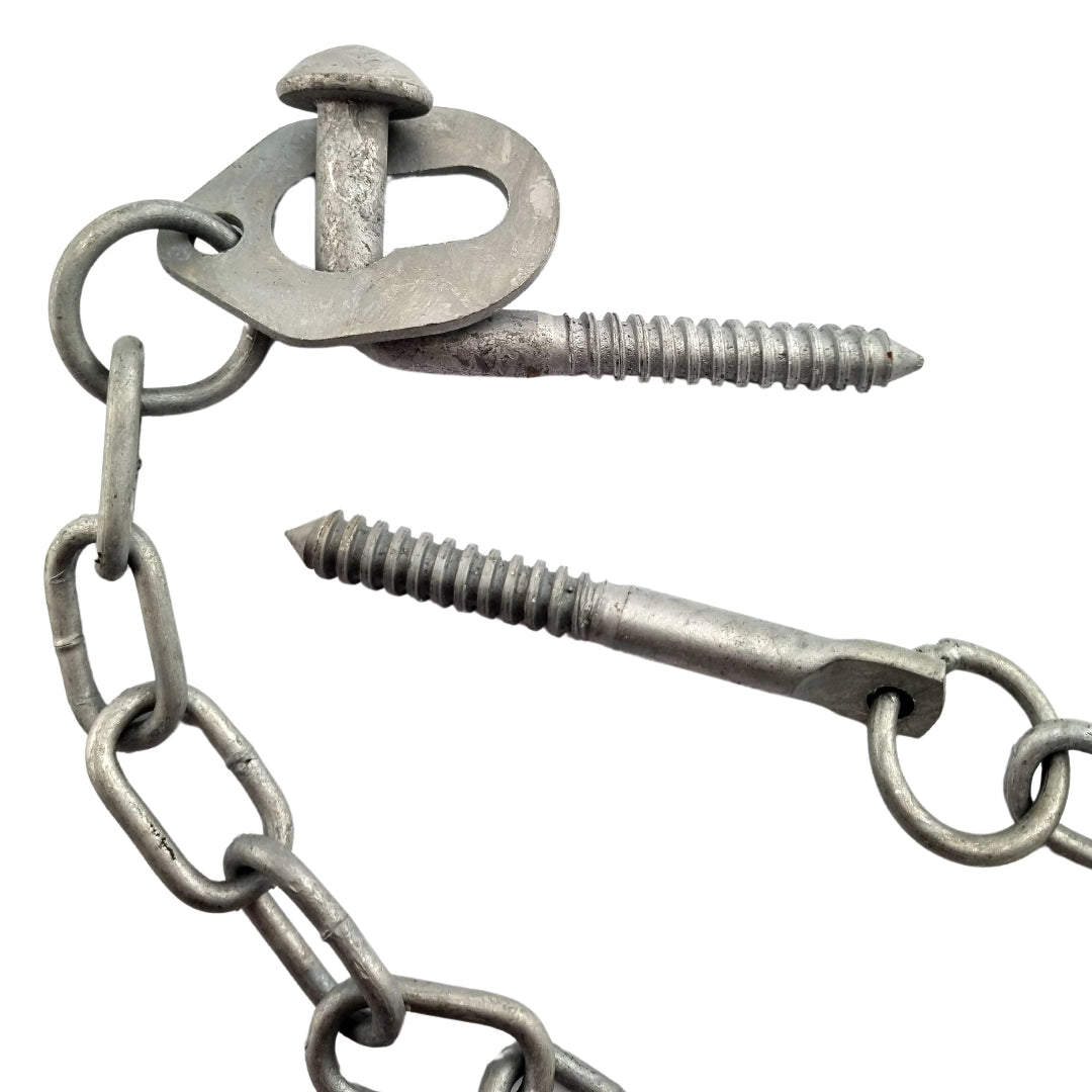 Metal chain with attached screws on a white background
