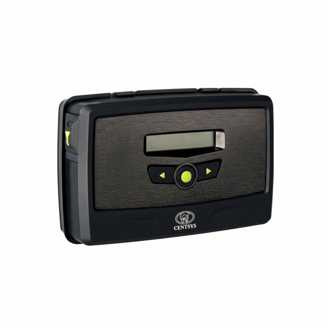 Black electronic device withCENTSYS logo on a white background