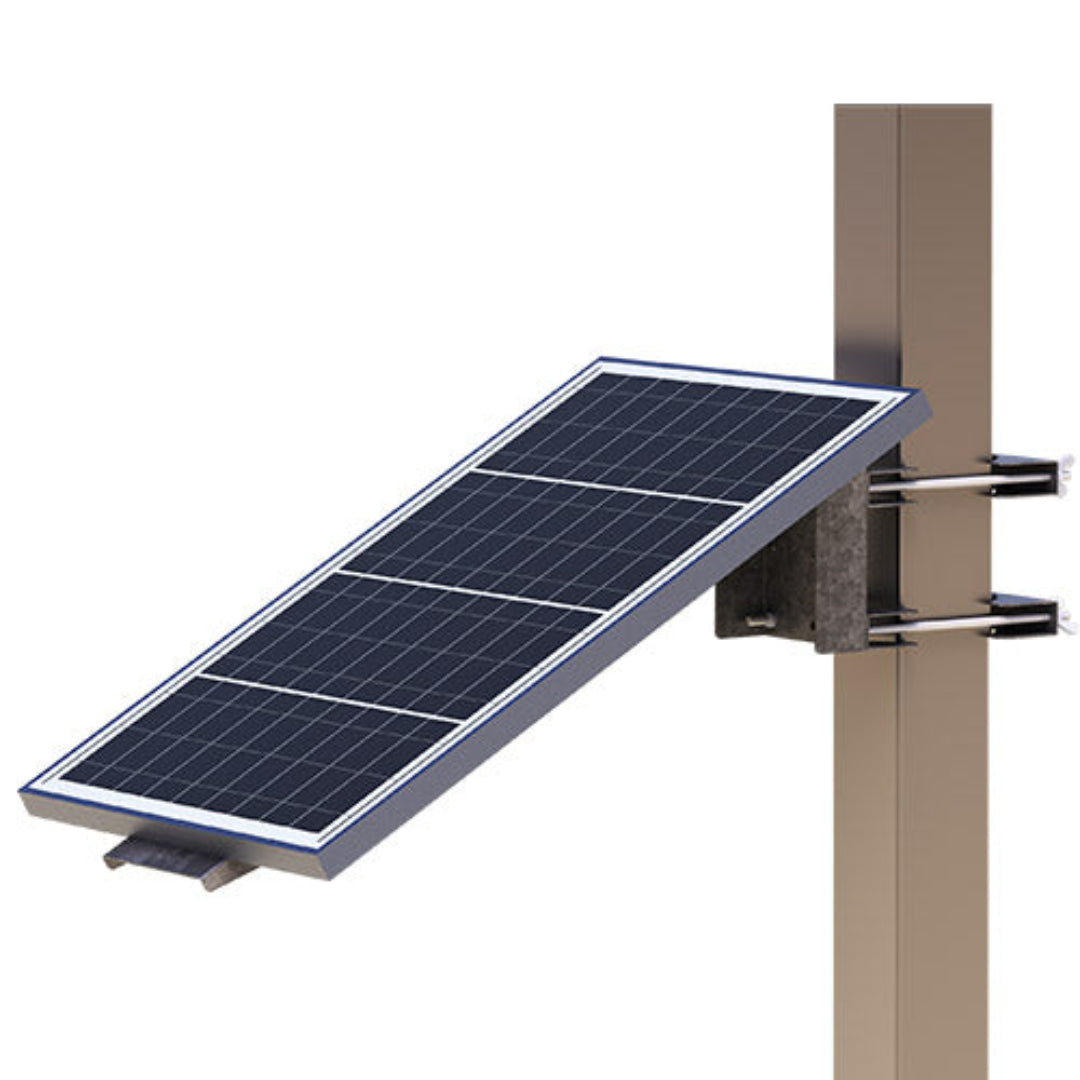 Solar panel attached to a pole on a white background