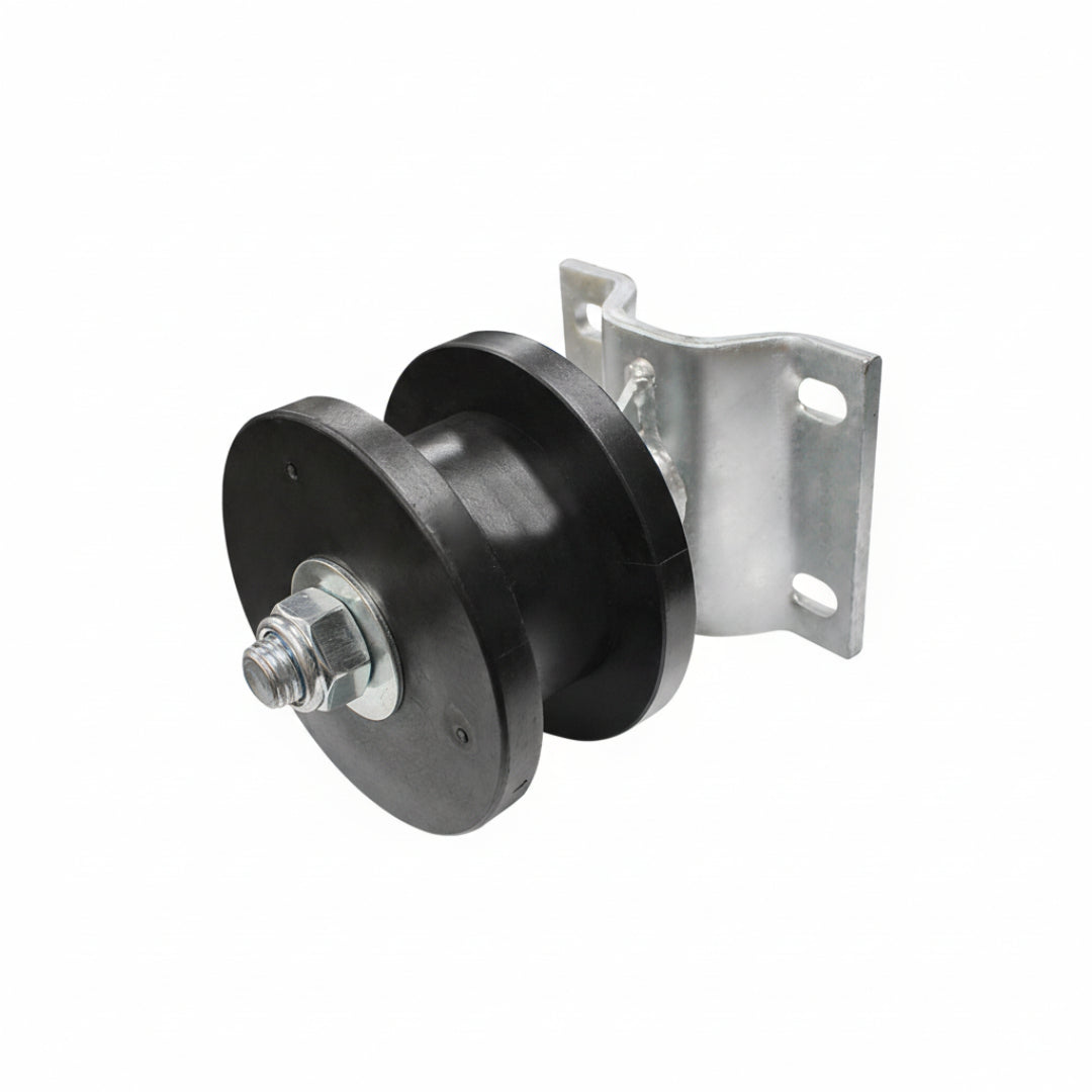 Black pulley system with metal bracket on a white background