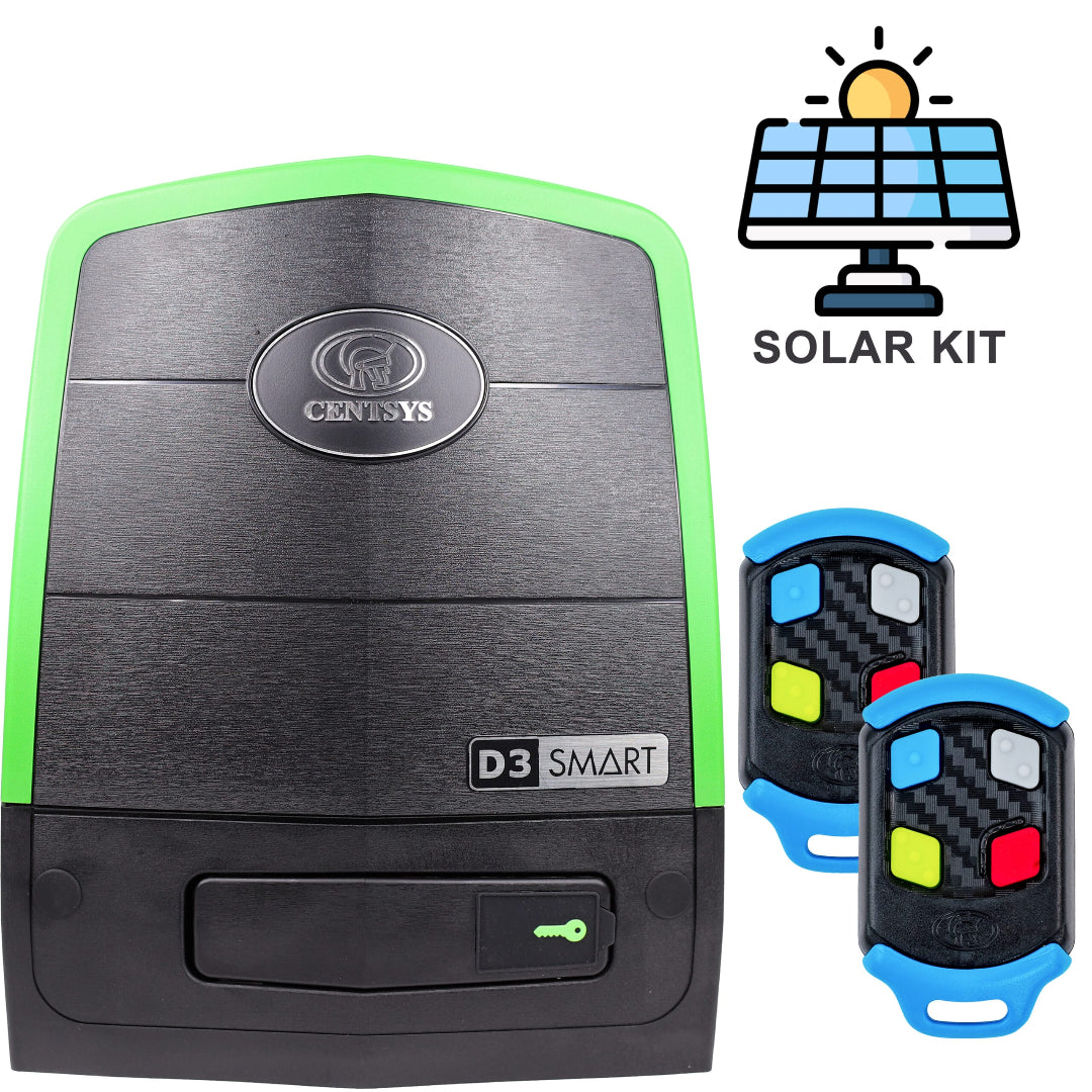 D3 Smart garage door opener with solar kit and remote controls on a white background
