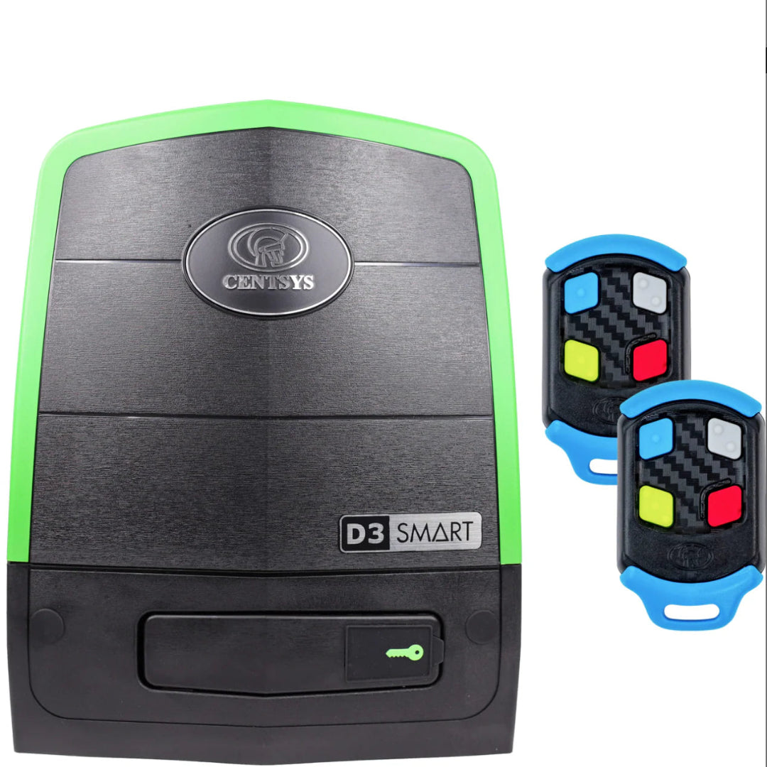 Black electronic device with green accents and two remote controls on a white background