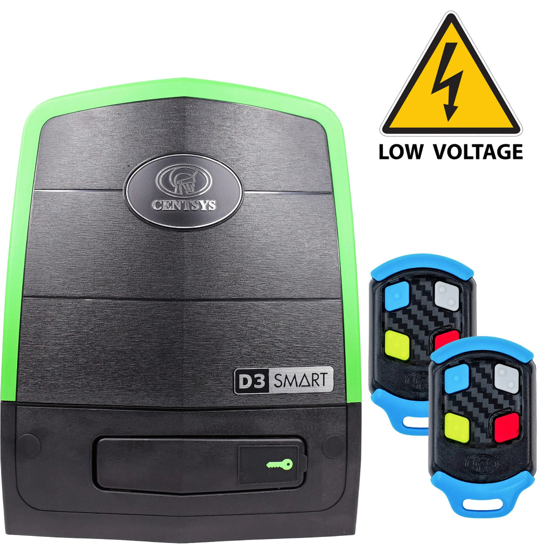 Black electronic device with green accents and two remote controls, featuring a 'Low Voltage' warning sign.