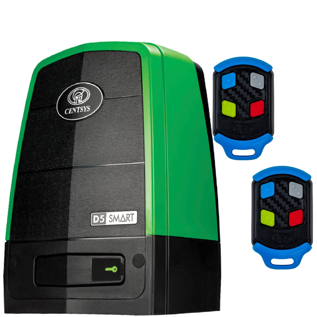 Green and black electronic device with two remote controls on a white background