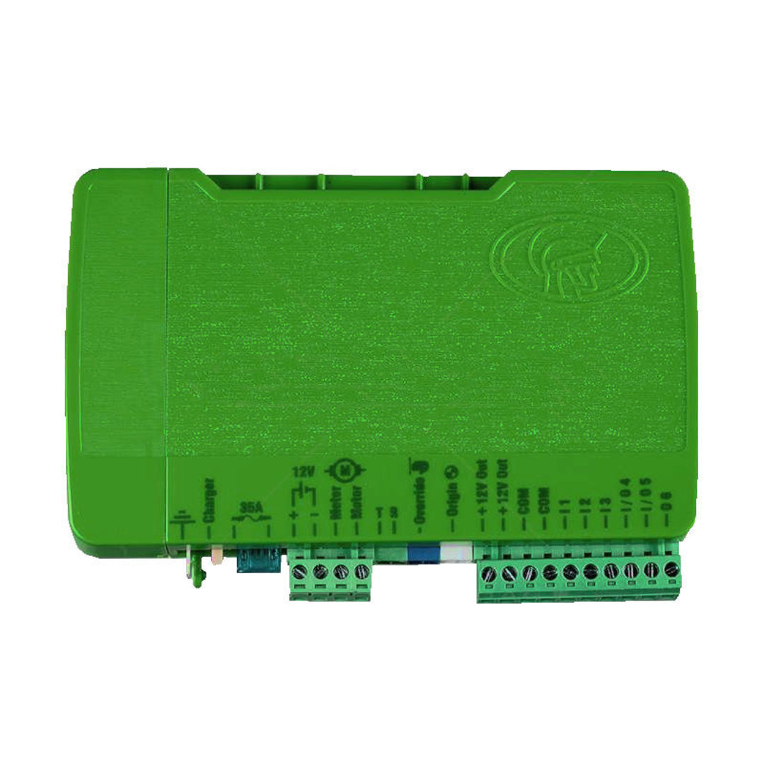 Green electronic module with a logo on a white background