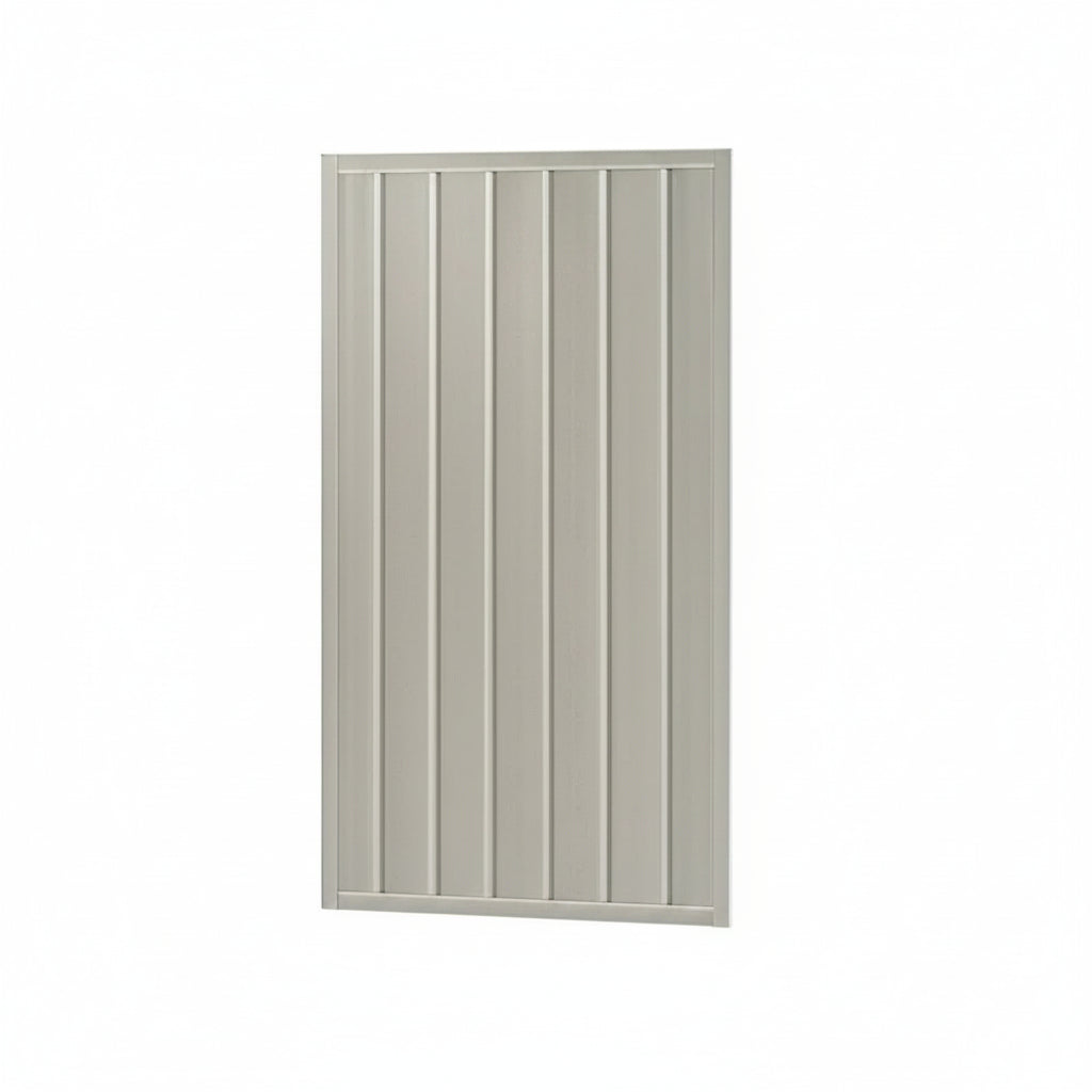 A rectangular panel with vertical slats in a light gray finish, shown against a plain white background.