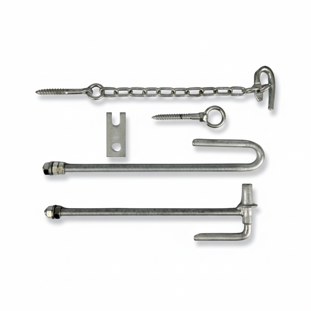 Set of metal hooks and pins on a white background