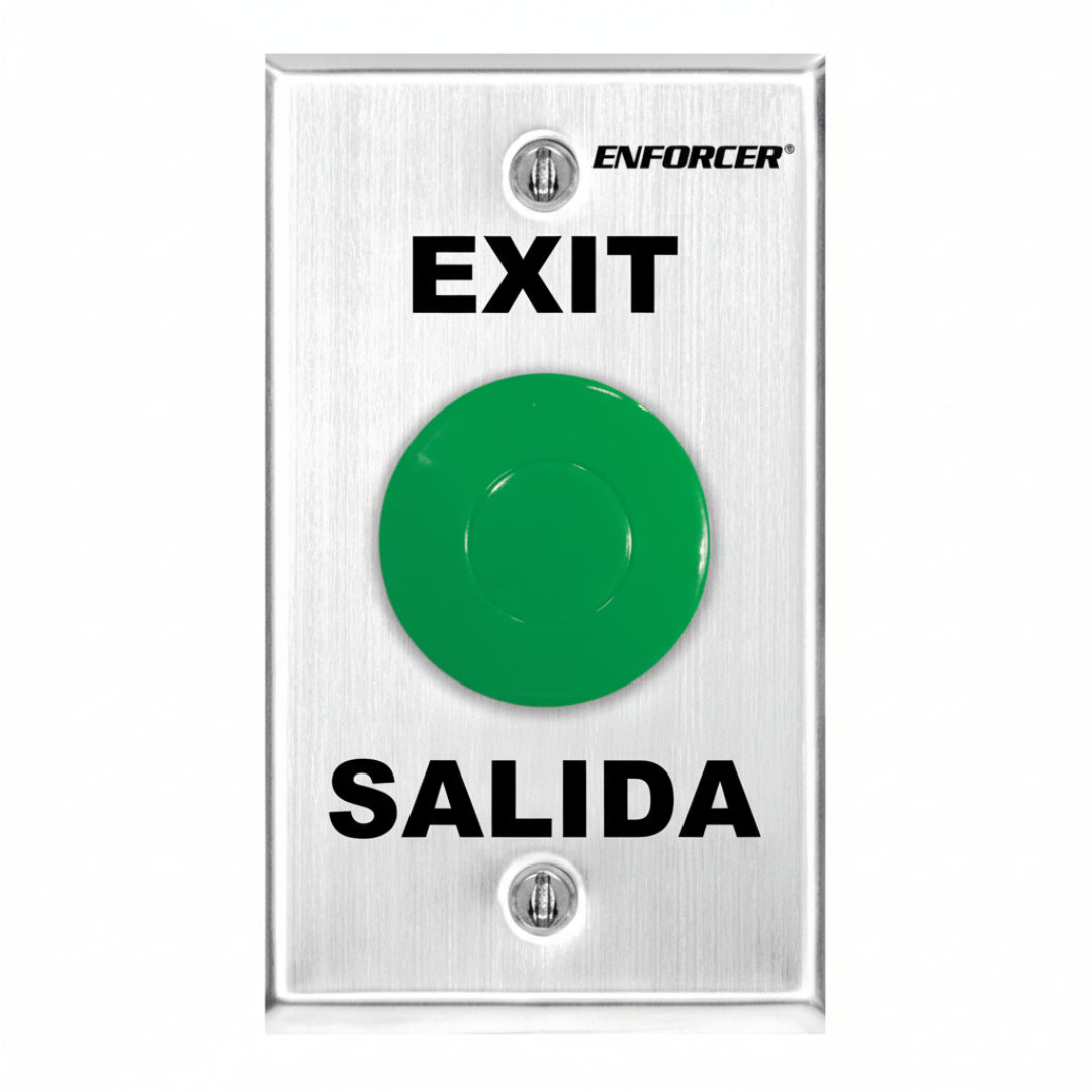 Metallic exit button panel with green button labeled 'EXIT' and 'SALIDA' text on a white background.