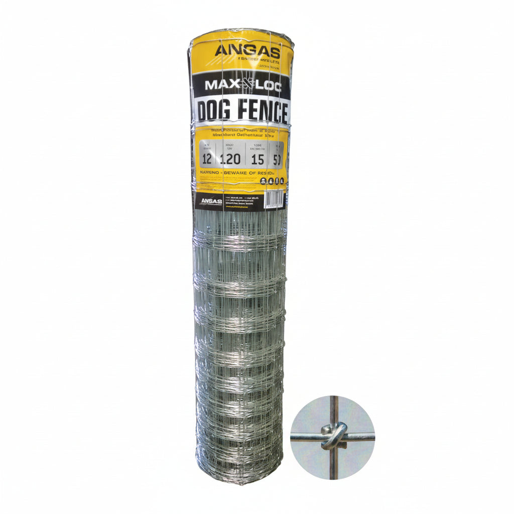 Roll of Angas Maxi-Lock dog fence with packaging on a white background