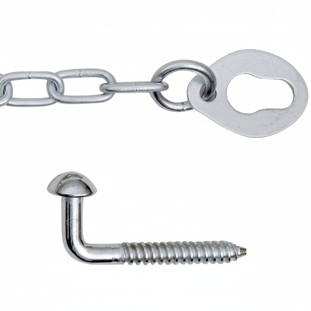 Metal chain with a hook and screw on a white background