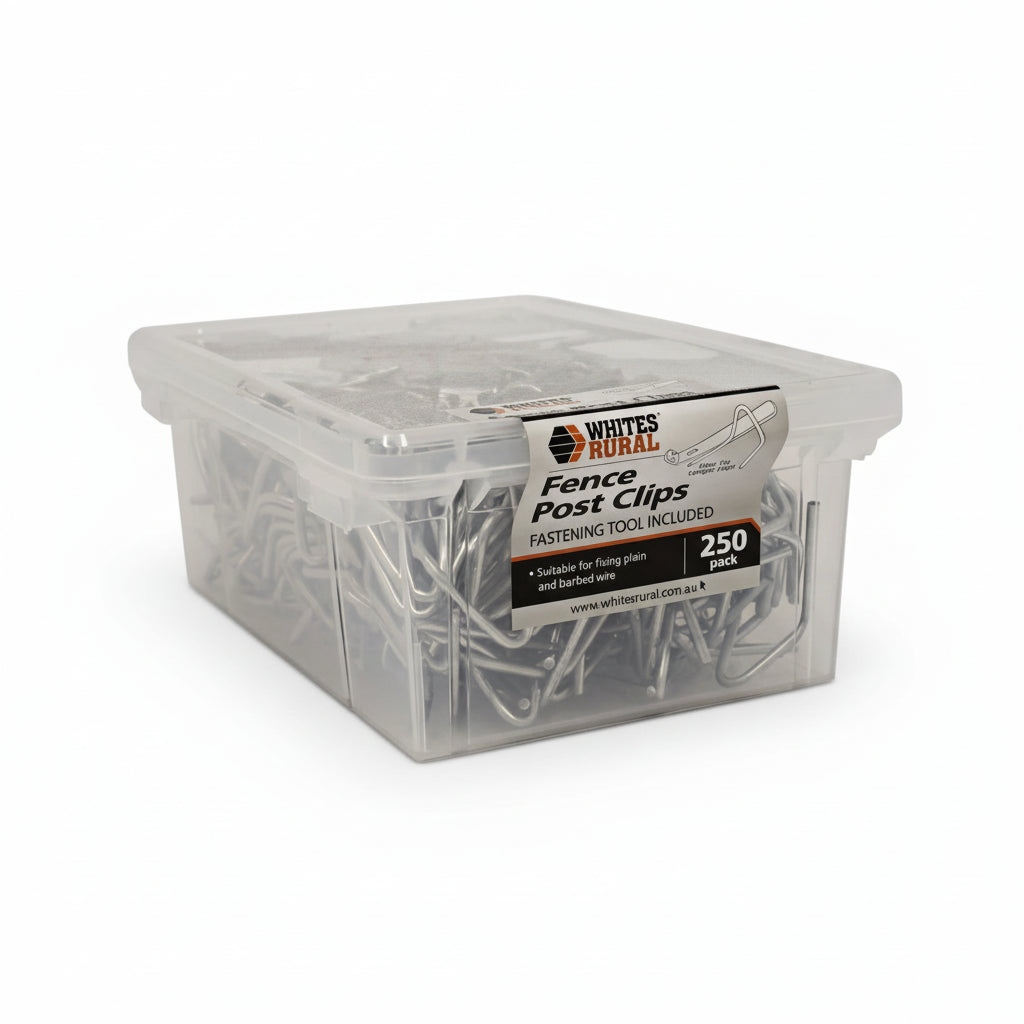 Box of Whites Rural Fence Post Clips with a clear lid on a white background