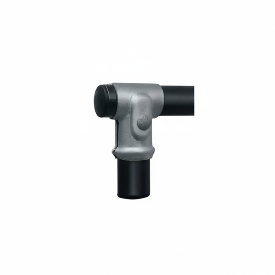 Metal pipe fitting with black and gray colors on a white background