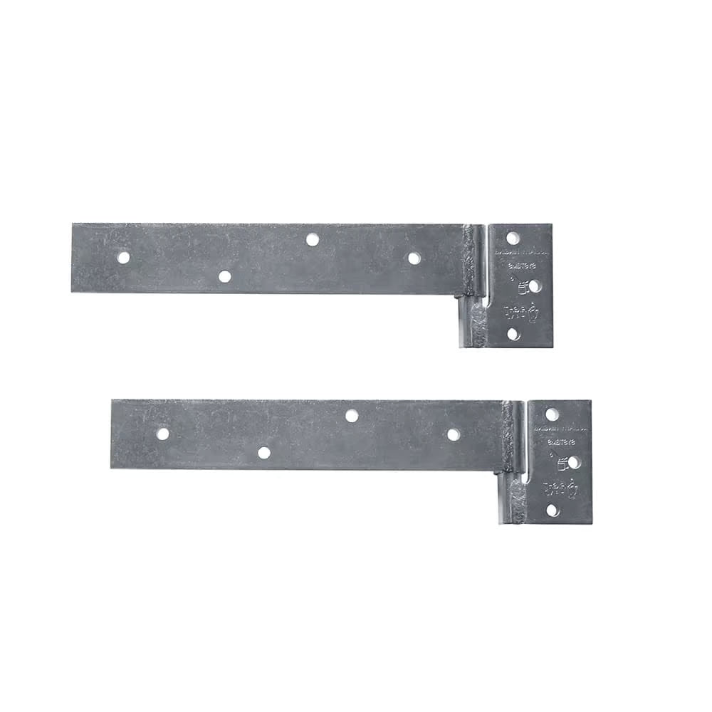 Two metal gate hinges on a white background