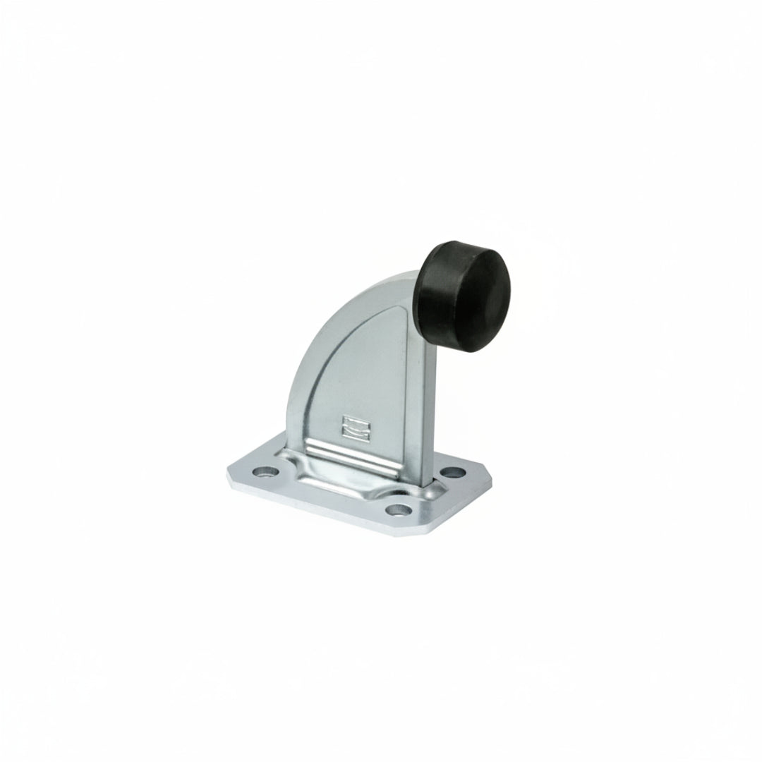 Metal bracket with a black wheel on a white background