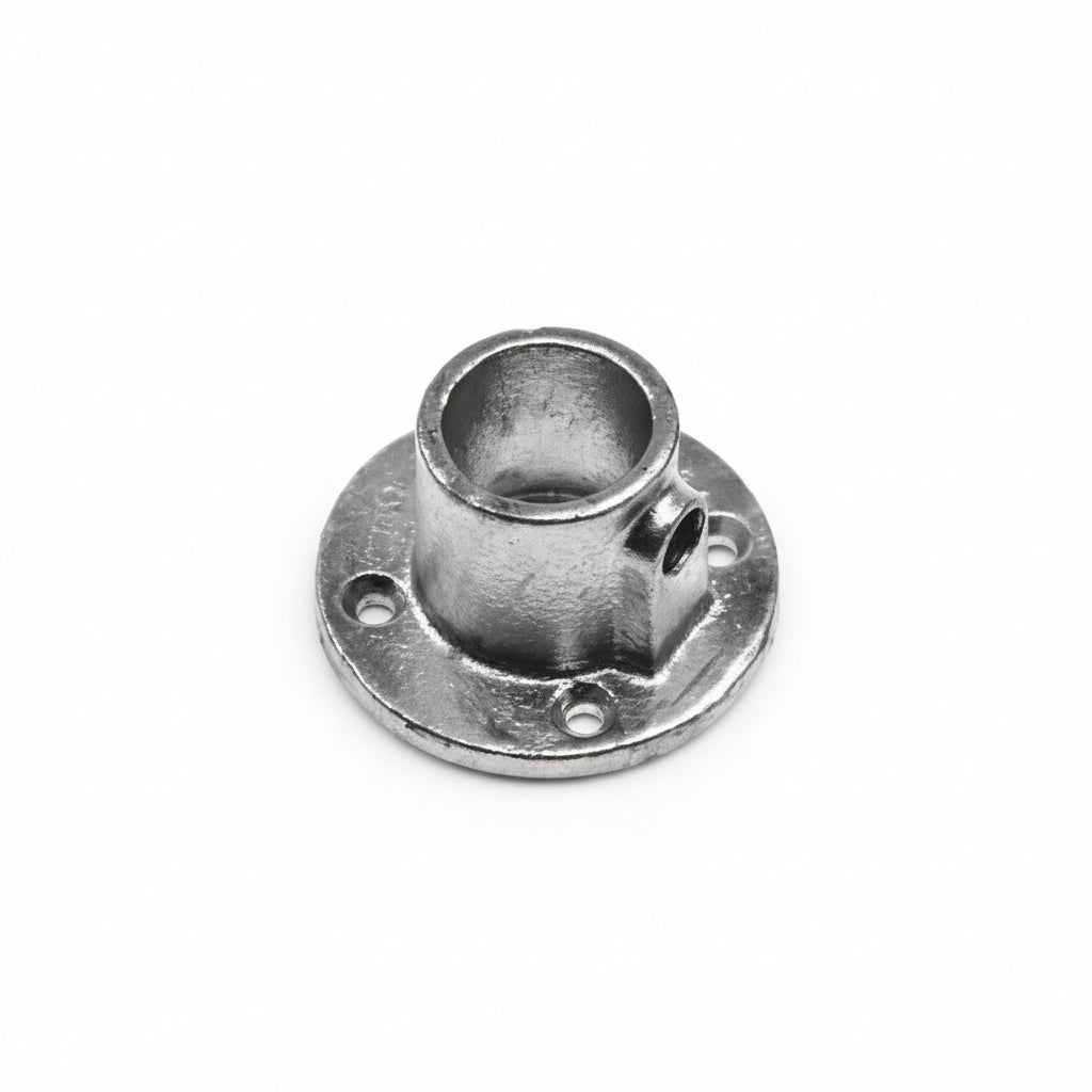 Metal flange with threaded hole on a white background