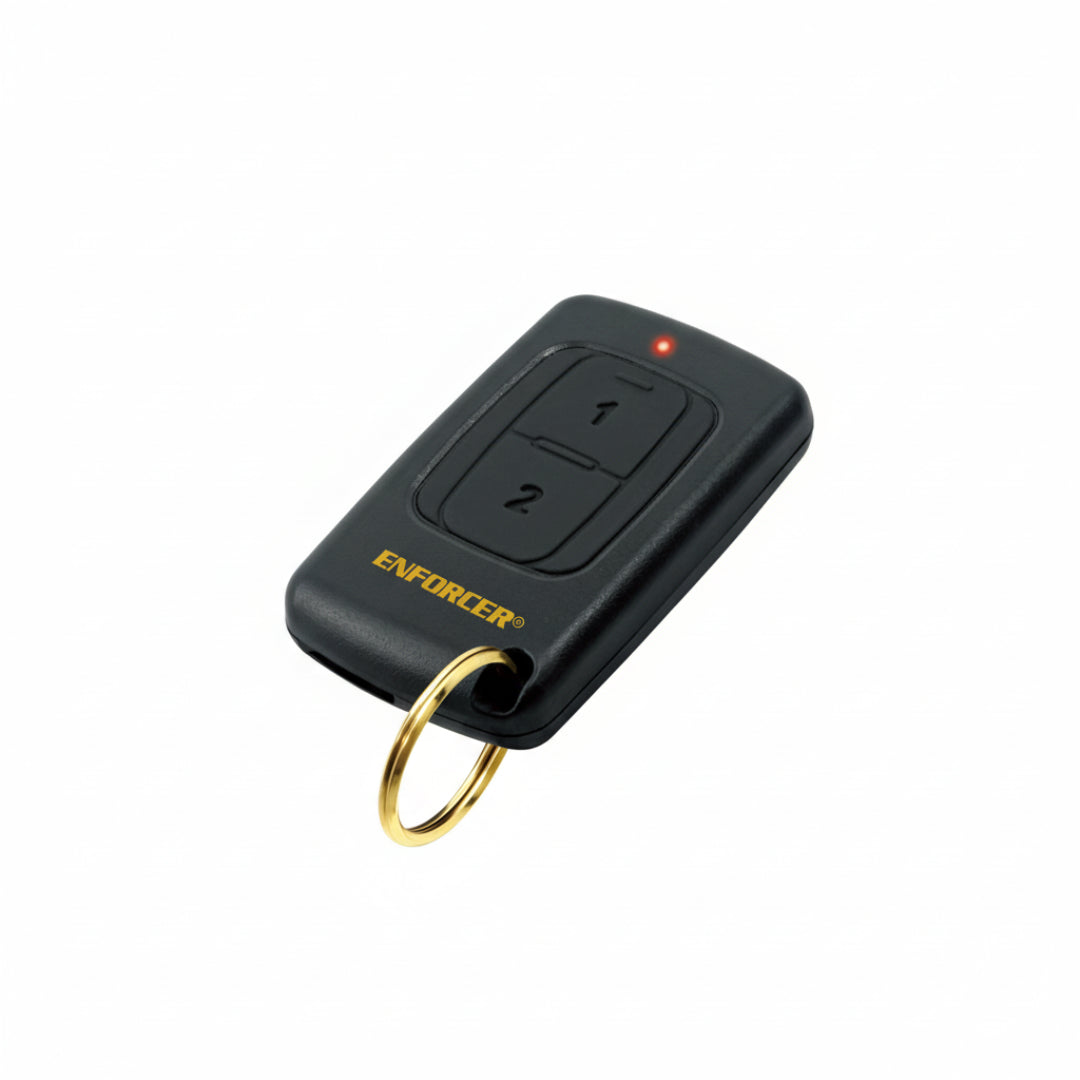 Black remote control with 'Enforcer' branding on a white background