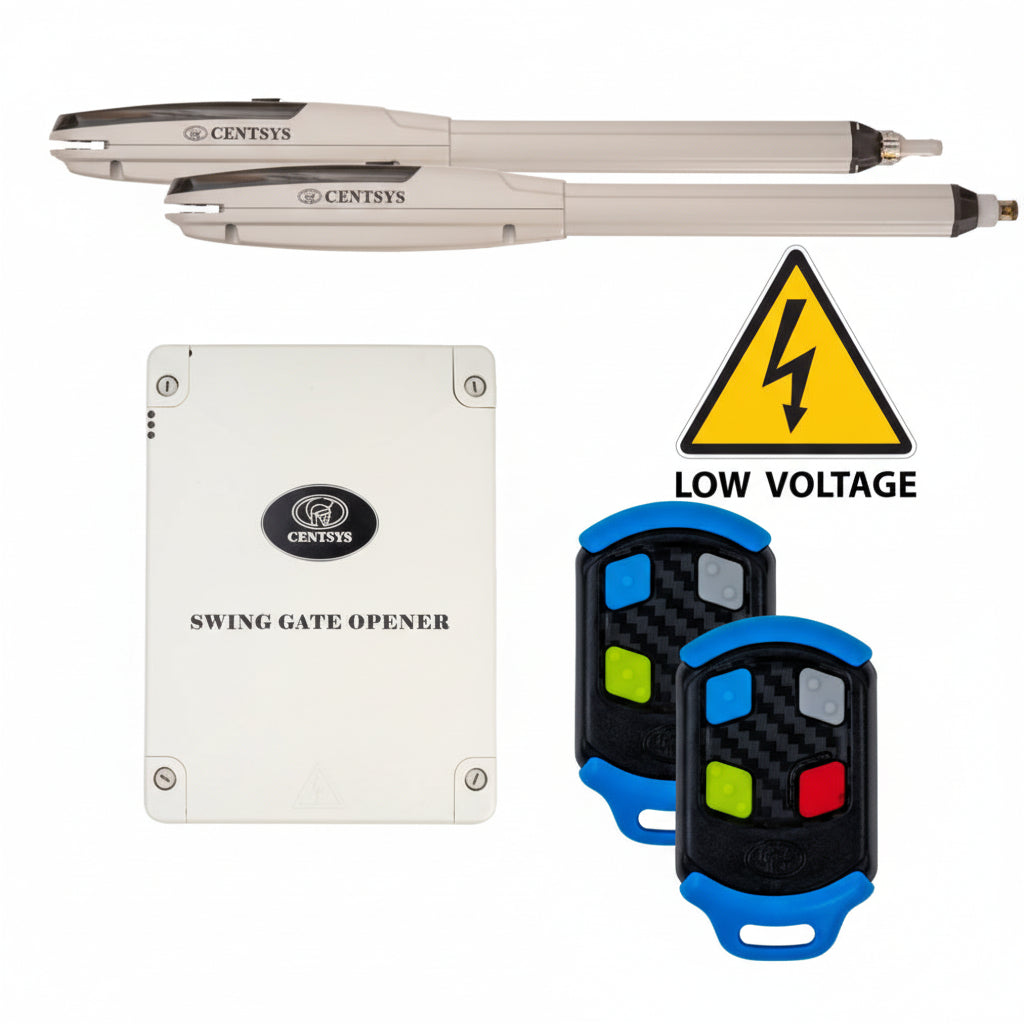 Centsys swing gate opener with remote controls and a low voltage warning sign on a white background
