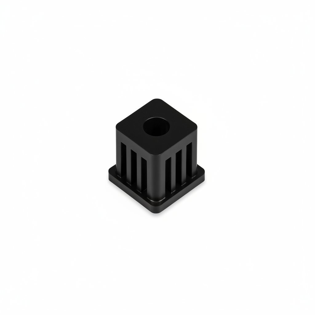 Metallic hexagonal block with central hole on a white background