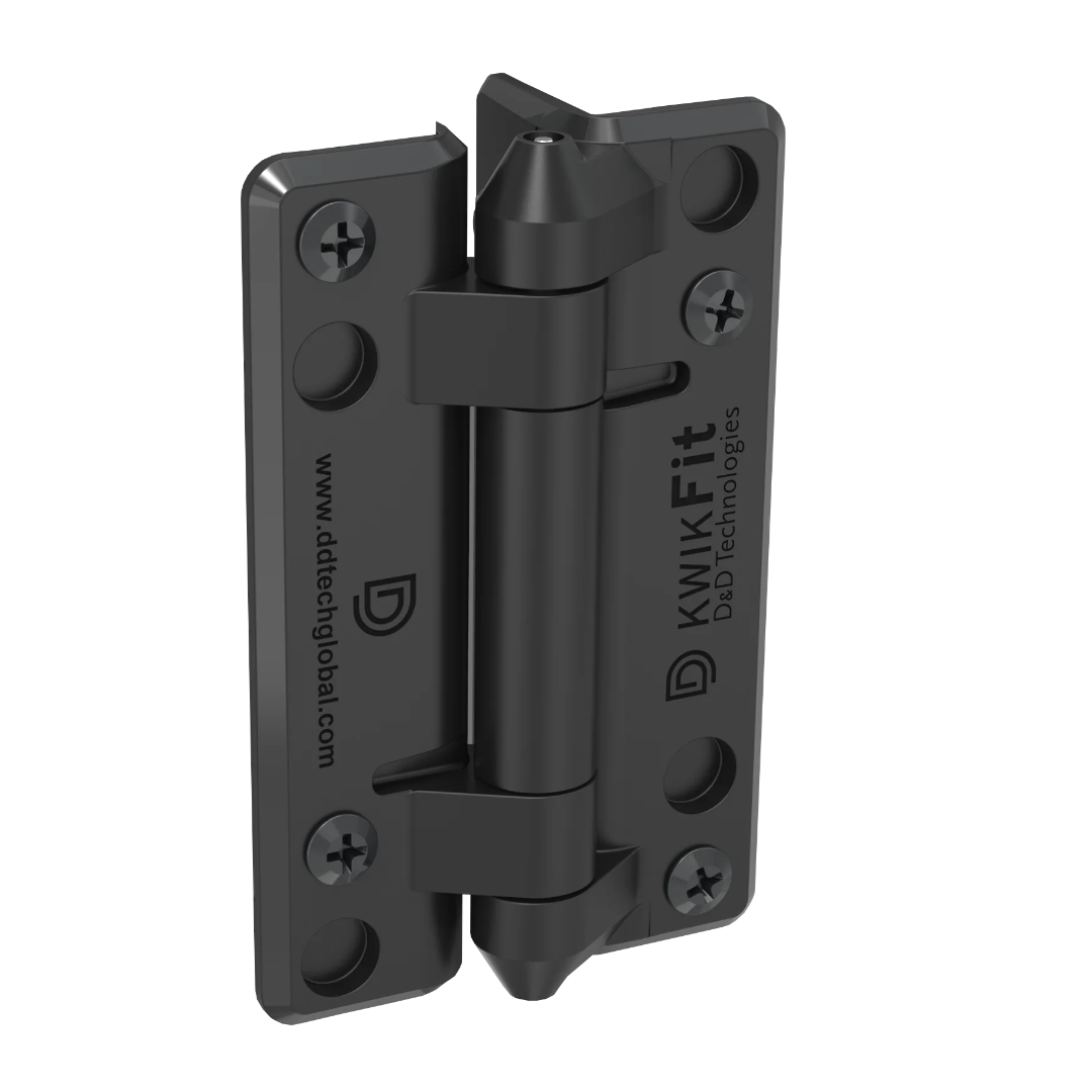 Black metal hinge with visible branding on a white background