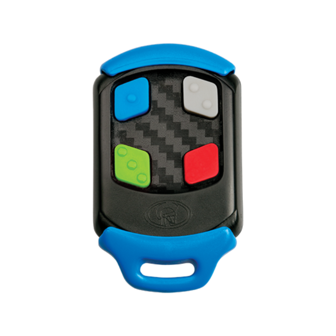 Remote control with colorful buttons on a white background