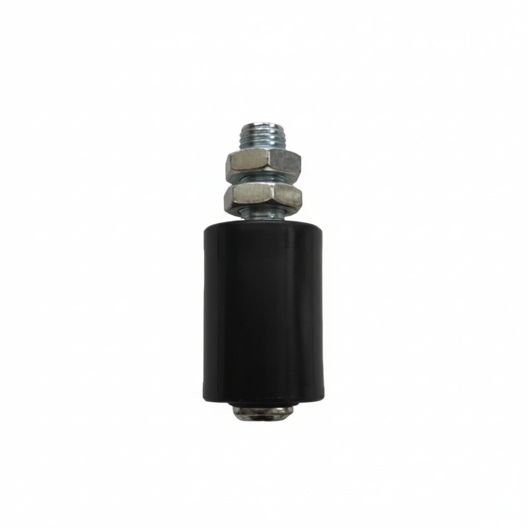 Black cylindrical component with a threaded metal fitting on a white background